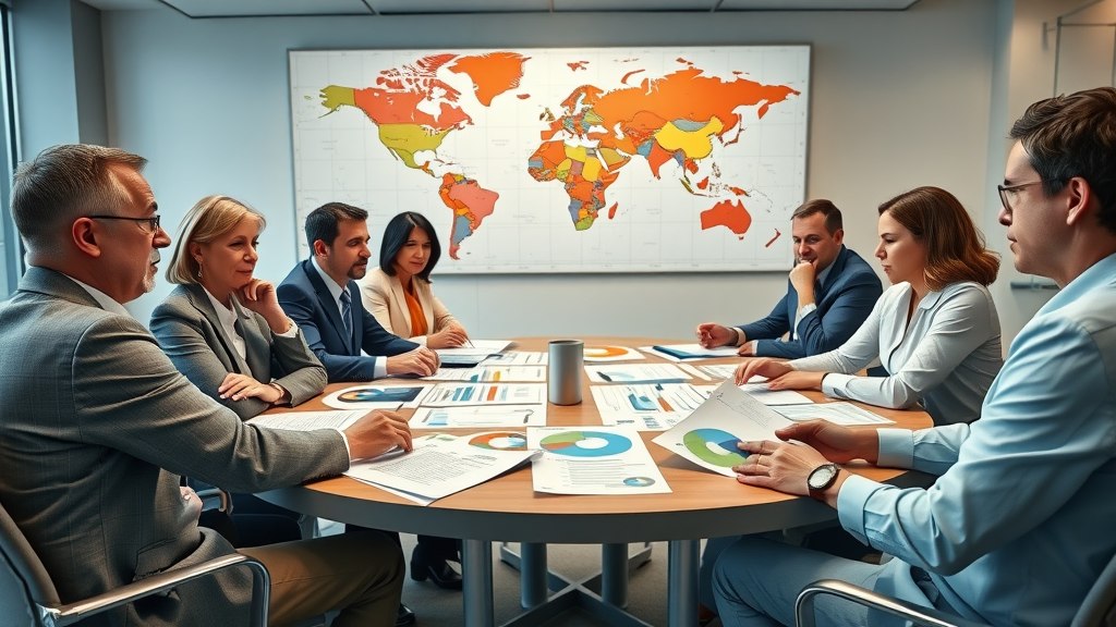 diverse policy makers reviewing trade documents at modern boardroom, main keyword: trade organization