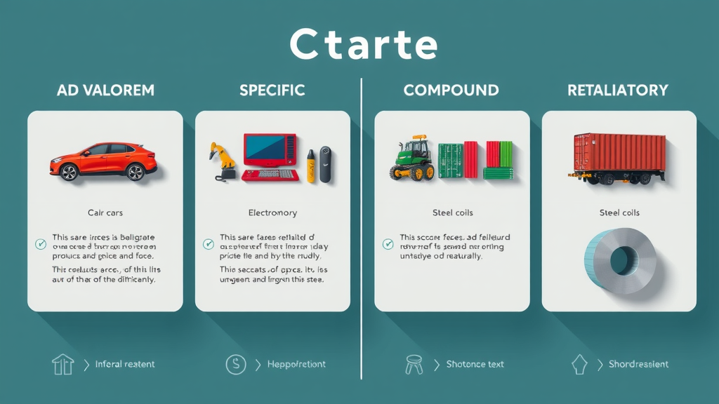 infographic chart showing ad valorem, specific, compound, and retaliatory tariff types with icons of cars, electronics, farm produce, steel coils. import export tariffs visual