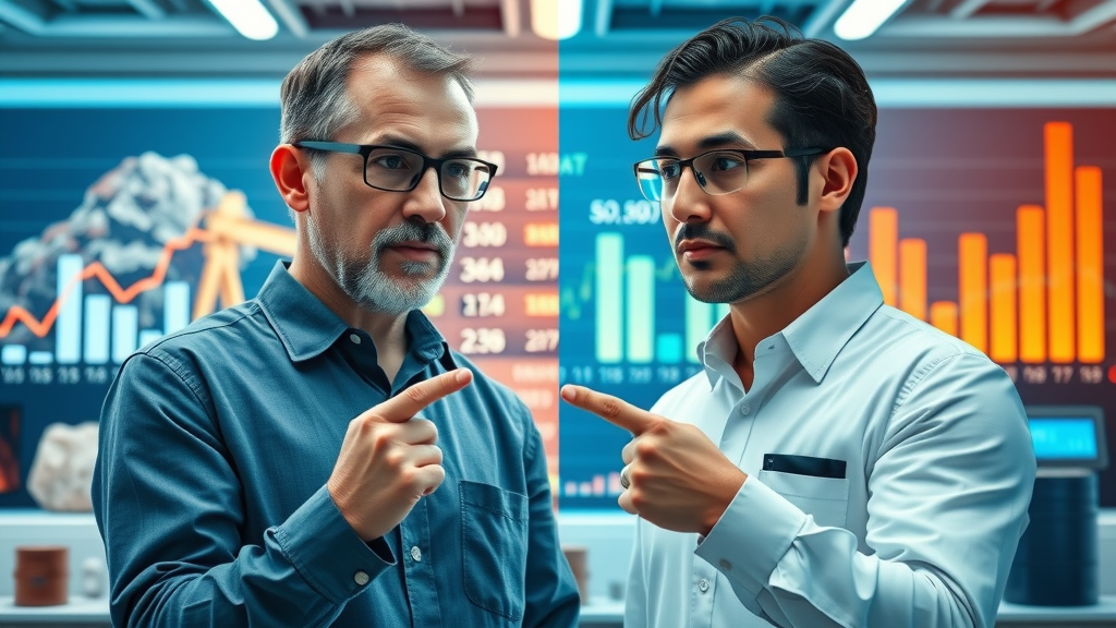 split-screen comparison concept with professionals examining rocks versus oil barrels; futuristic lab showing mineral and energy economics sections