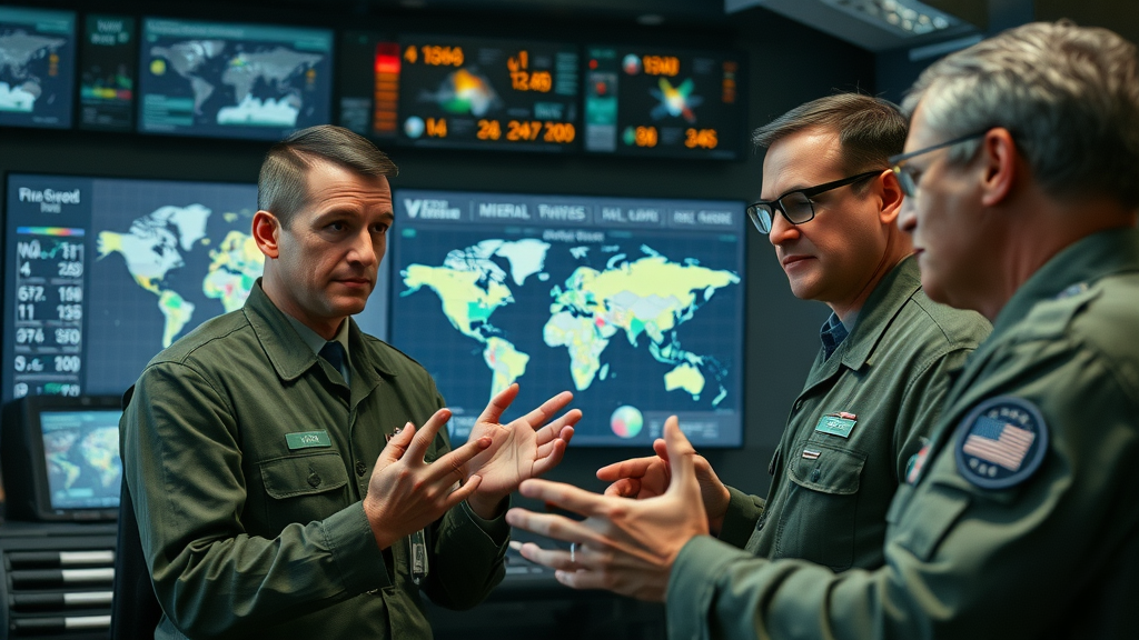Military and policy experts in a secure operations center discussing strategic mineral supply, national security, critical mineral supply chains