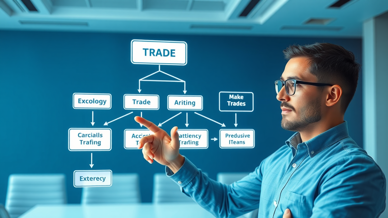 organizational flowchart showing core elements of foreign trade policy, economist analyzing trade principles, digital board with arrows and flows, corporate boardroom, blue and white theme