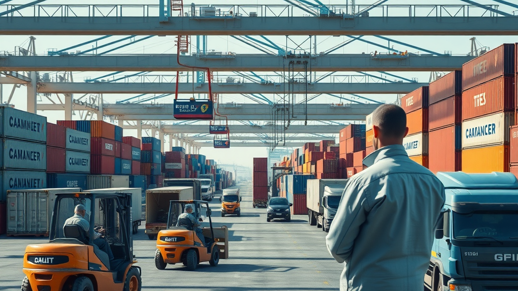 dynamic international shipping hub with professional logistics managers overseeing seamless cross border logistics cargo movement at a bustling modern freight terminal, containers labeled for multiple countries, forklifts in operation, midday lighting