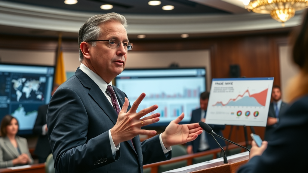 U.S. government press conference, trade advisor explaining customs duty policy charts, trump administration global trade, formal briefing