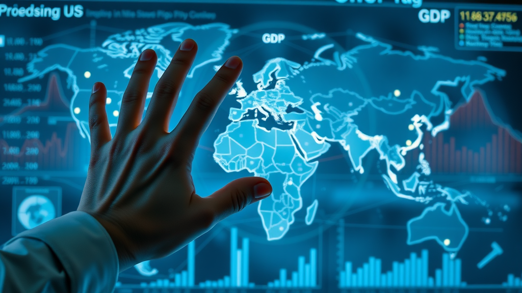 sophisticated economic dashboard illustrating global GDP and trade flows