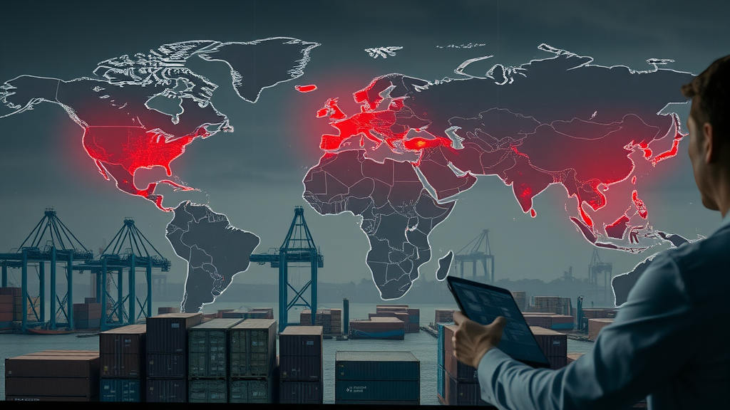 anxious professionals monitoring global supply chain disruption at international logistics center