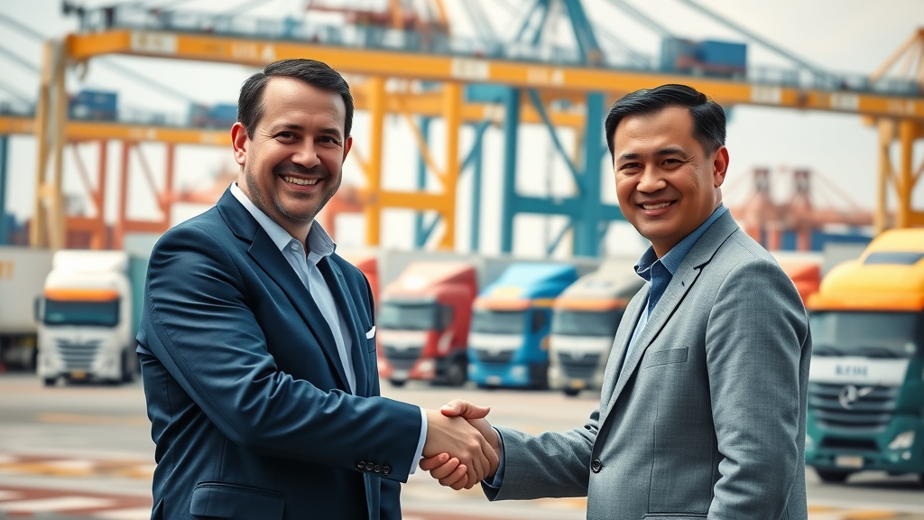 corporate leaders shaking hands in international trade zone with busy port and cargo infrastructure