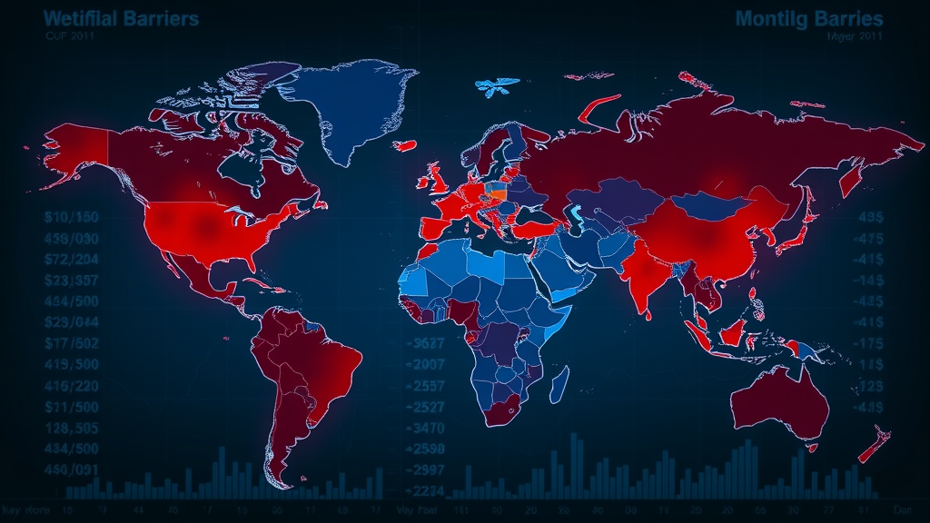 Economic effects of tariffs visualized on a dramatic world map with tariff barriers displayed as red and blue overlay zones.