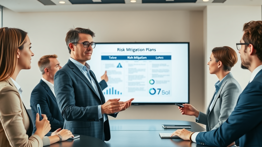 business strategist explaining risk mitigation in trade war 2025 to corporate team