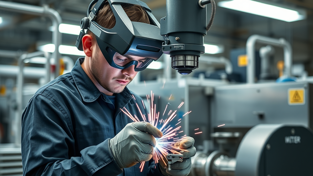 crisp industrial laser welding machine, focused operator, overseeing high-precision weld, modern manufacturing facility, stainless steel surfaces, sparks flying, bright LED lighting