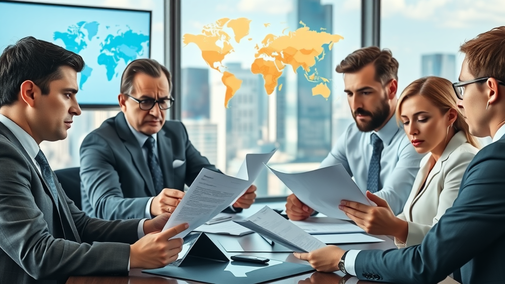 international trade urgent global business meeting executives reviewing documents cityscape