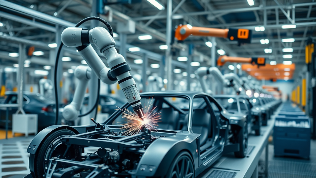 Robotic laser welding arms in action on a car chassis in a large automotive factory, active precision, steel blue tones and industrial environment