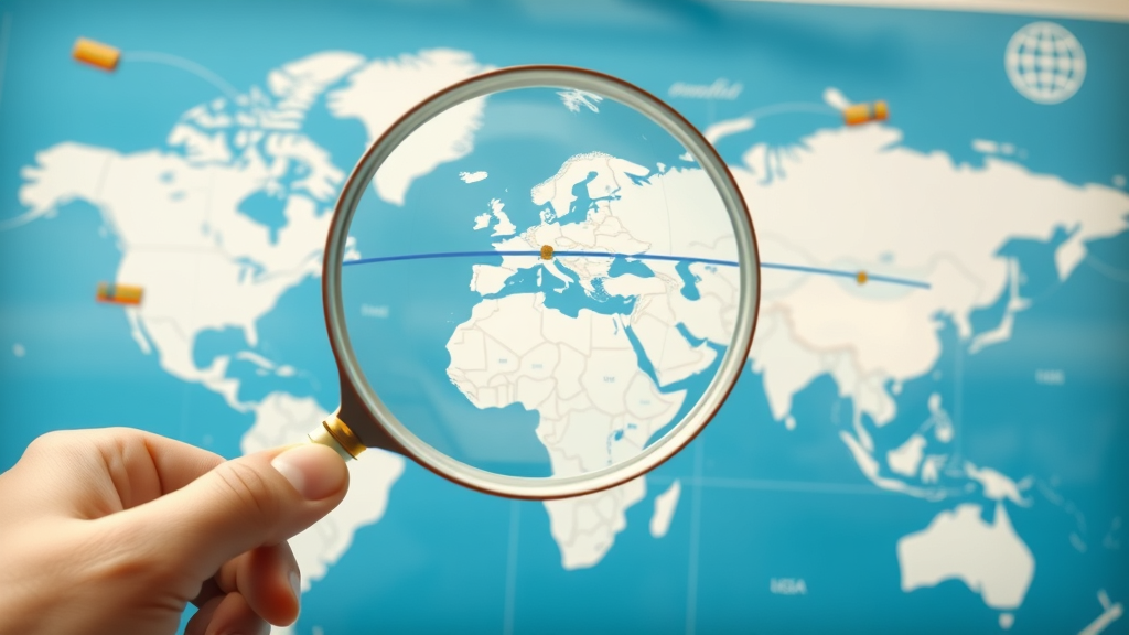 Magnifying glass over global supply chain, researcher points to trade routes illustrating affected industries US tariffs impact