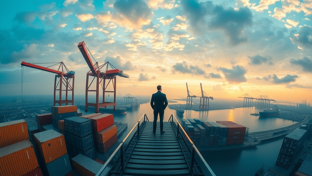 business leader atop a bridge of cargo containers viewing a futuristic trade city skyline, symbolizing the journey across import export tariffs for supply chain optimization