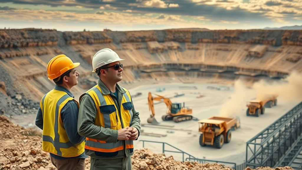 dynamic mining industry panorama with professional workers in safety gear examining mineral extraction operations; vast open-pit mine, active machinery, dust clouds, and natural daylight