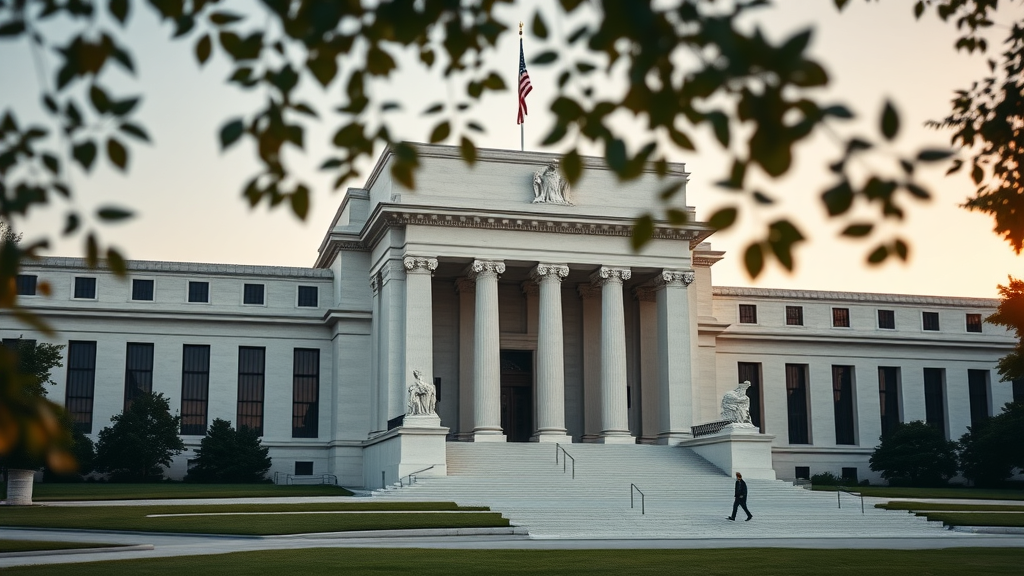 Iconic Federal Reserve building, symbolizing rate cuts, monetary policy, and the tariff-inflation cycle
