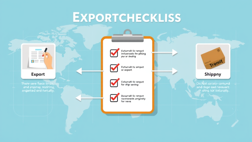 export licensing step-by-step infographic with export icons, checklist, arrows, world grid, flat design