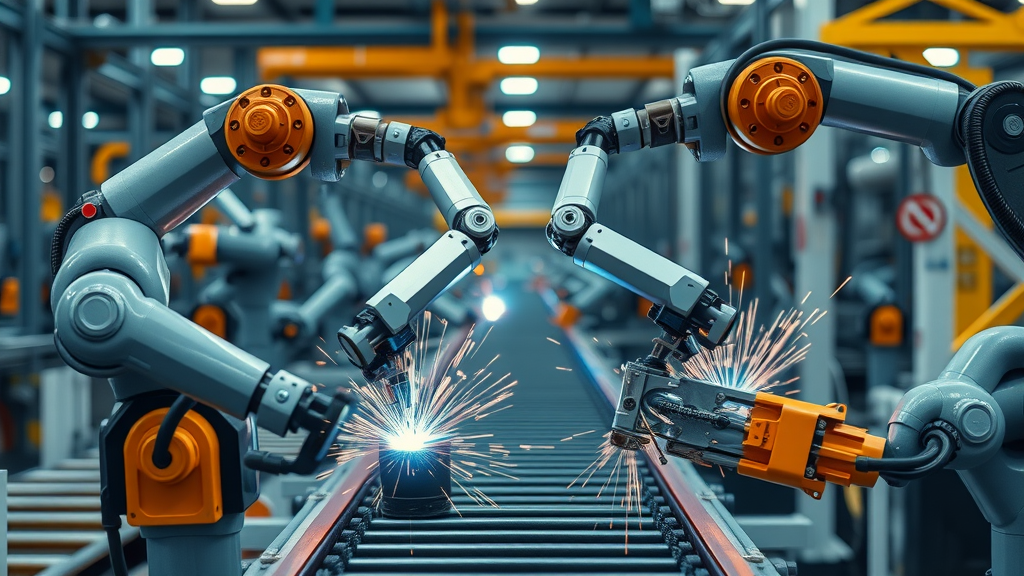 robots performing laser welding and traditional welding side by side on a contemporary assembly line