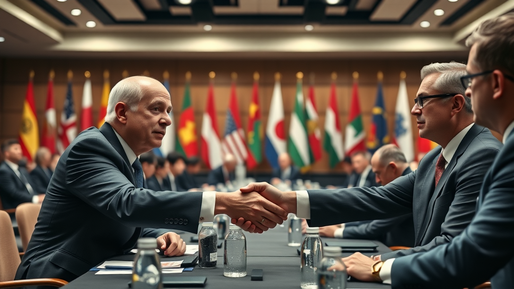 International negotiators shaking hands at a trade summit, illustrating the complexity and diplomacy of reciprocal tariff agreements in global trade.