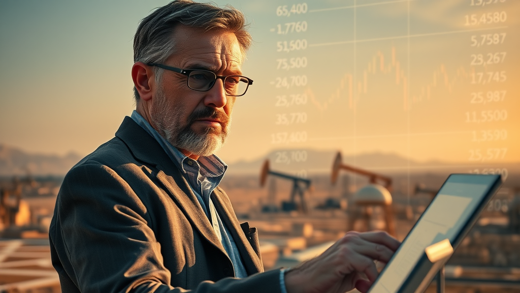 dramatic oil market scene investor reviewing volatile pricing charts middle east global market analysis