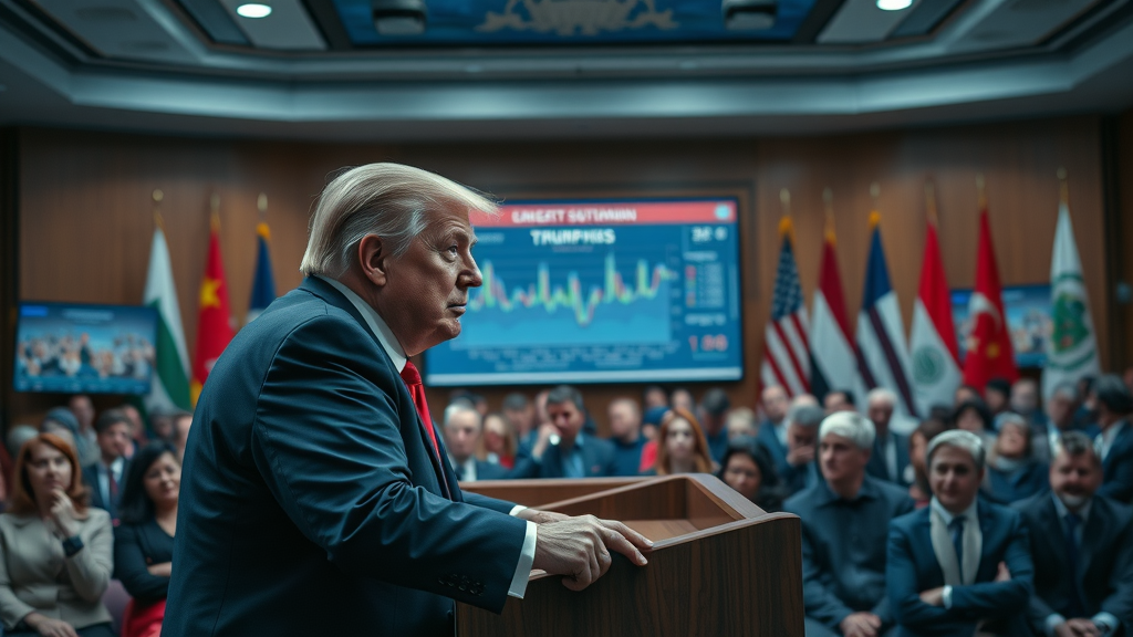 president trump announcing trade tariffs at press conference with digital trade data charts