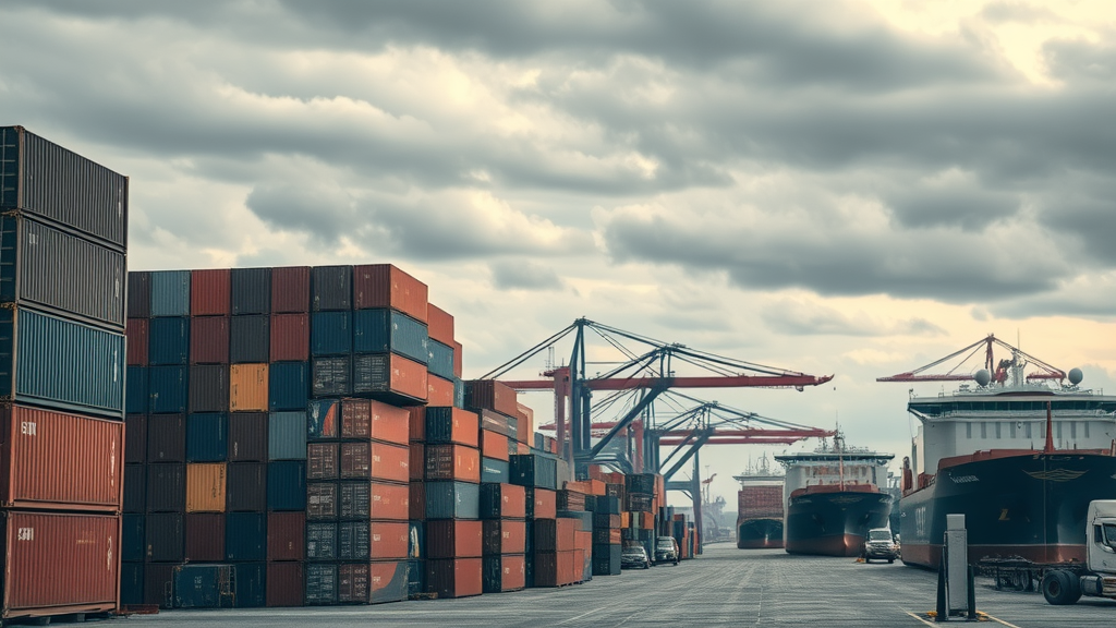 imposing cargo port with stacked shipping containers, mineral import duties, dockworkers overseeing mineral ores under cloudy sky