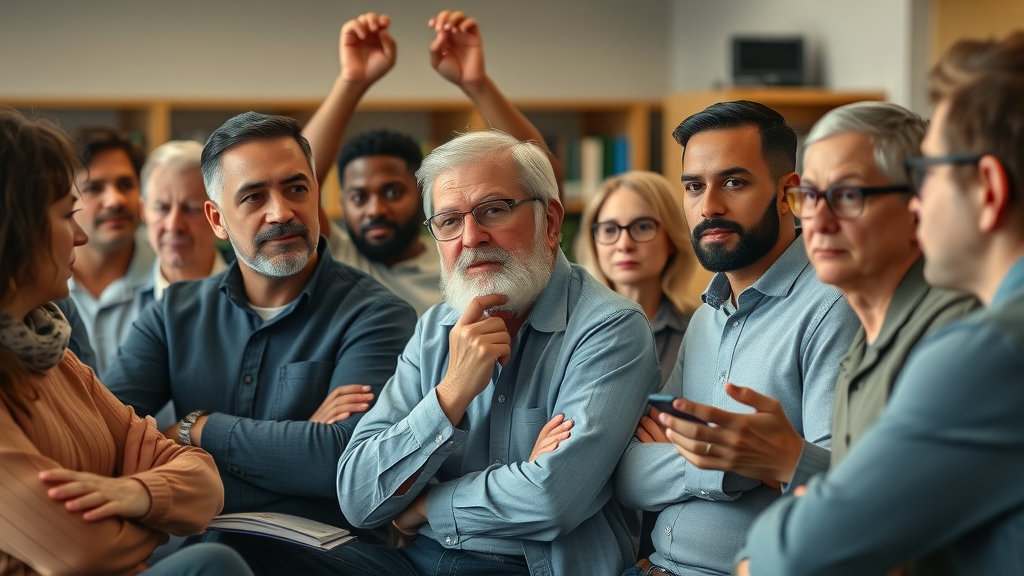 Americans in a diverse focus group discuss trade policy and tariffs, expressing thoughtful reactions to economic issues