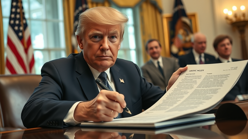 President Trump signing tariff policy documents, Oval Office, with policy advisers and American flag