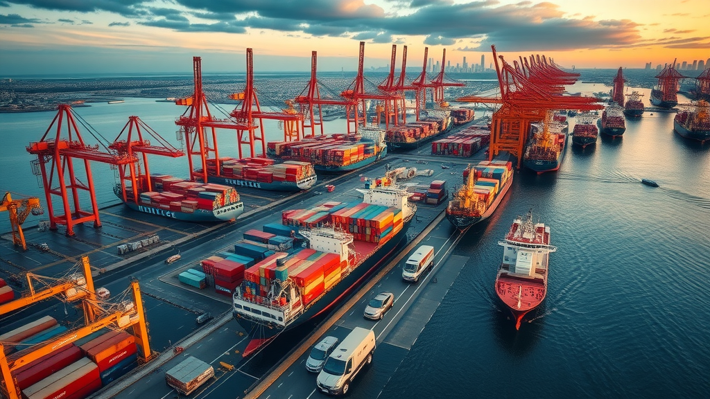 dynamic aerial view of an international trade zone, bustling cargo ships and containers, highly detailed port and city skyline, international trade zone expansion
