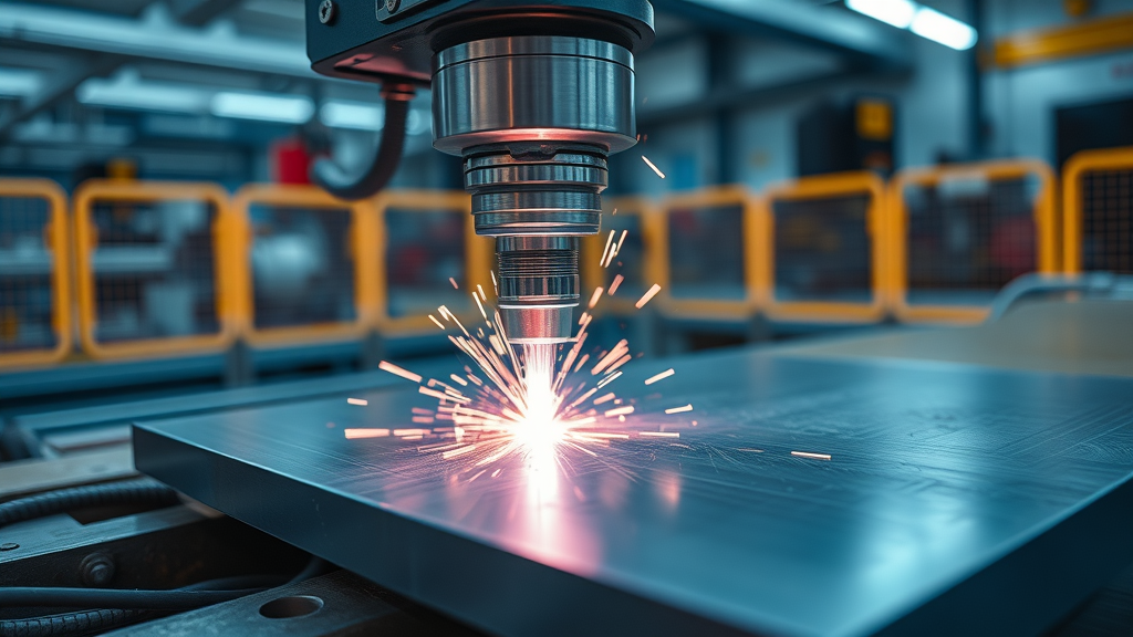 fiber laser welding machine close-up with laser interacting with stainless steel plate in a controlled high-tech manufacturing environment