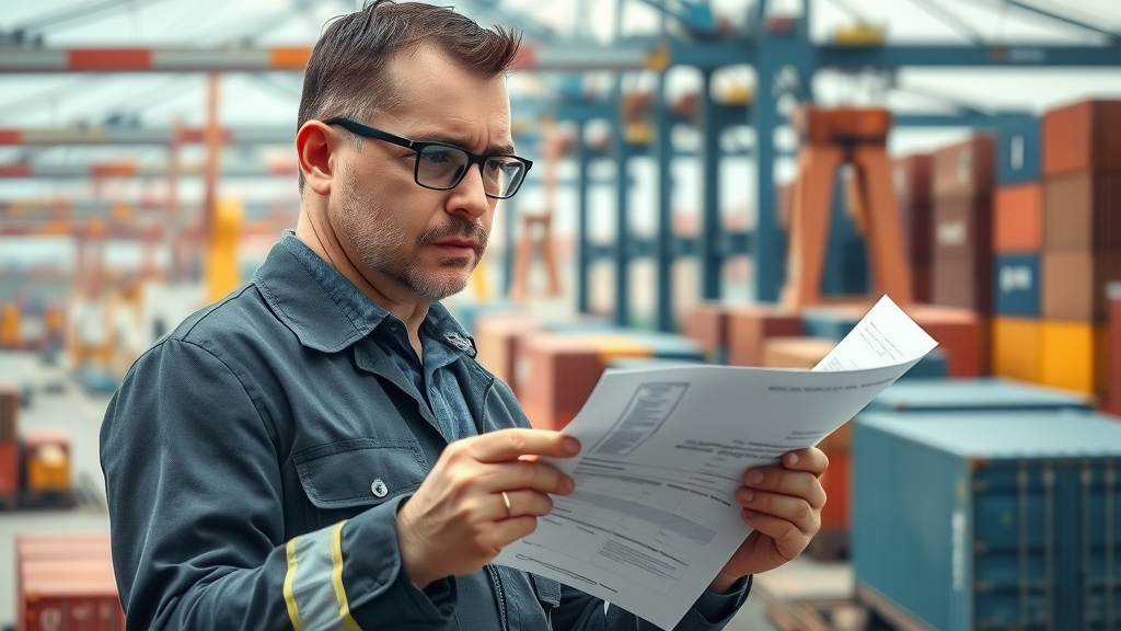 mineral import taxes customs officer scrutinizing documents at busy port