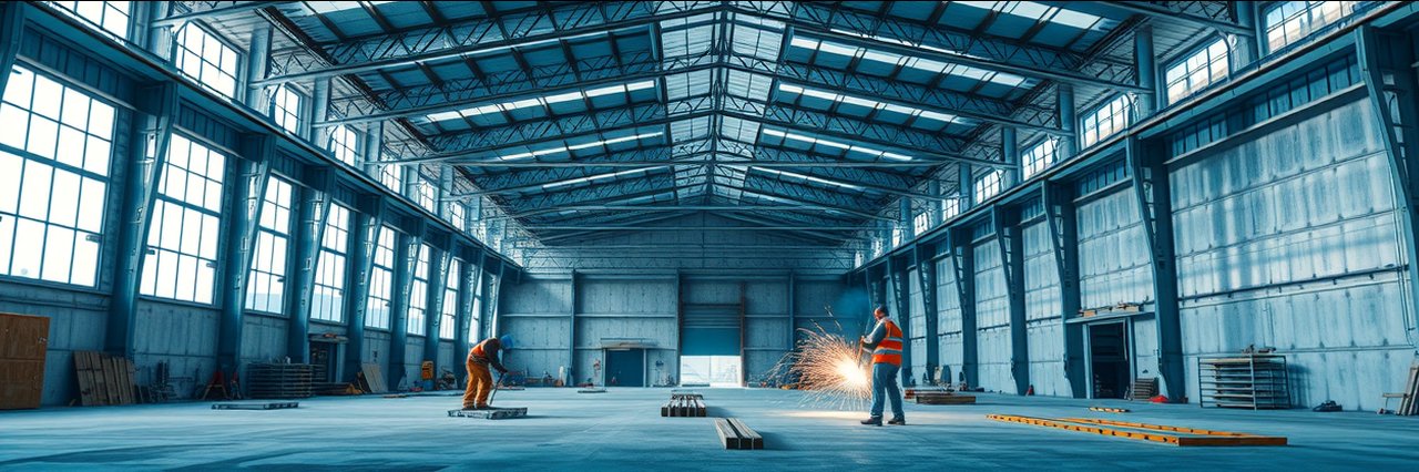 Steel framing solutions in modern industrial warehouse with workers and steel beams