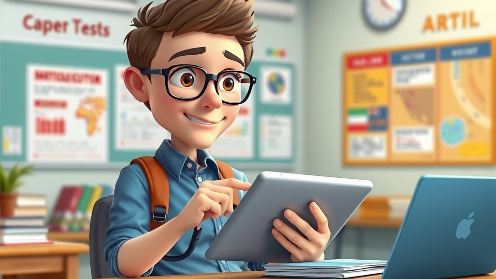engaged student taking a customs broker practice test on tablet; customs broker exam study environment; animated, analytical exam prep