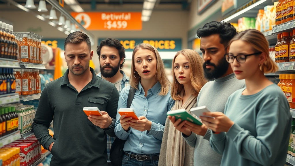infographic visualization of inflation caused by tariffs in a supermarket setting, consumers observing price hikes on everyday goods