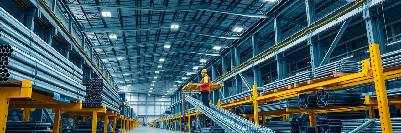 Online Metal Ordering warehouse interior with metal racks and worker inspecting inventory.