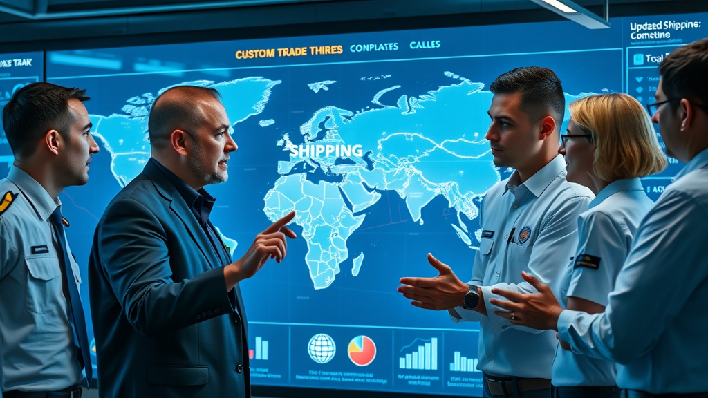 global trade map glowing with updated shipping routes, diverse customs officials discussing border protection strategy, animated data streams for customs and border compliance