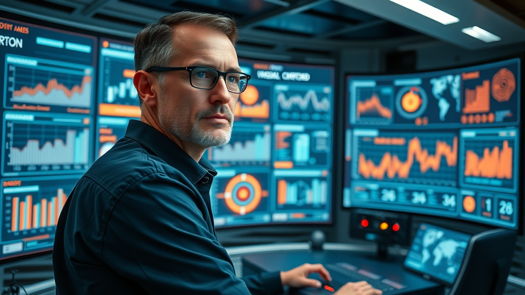 compliance manager tracking mineral shipments with real-time digital dashboard in a high-tech office