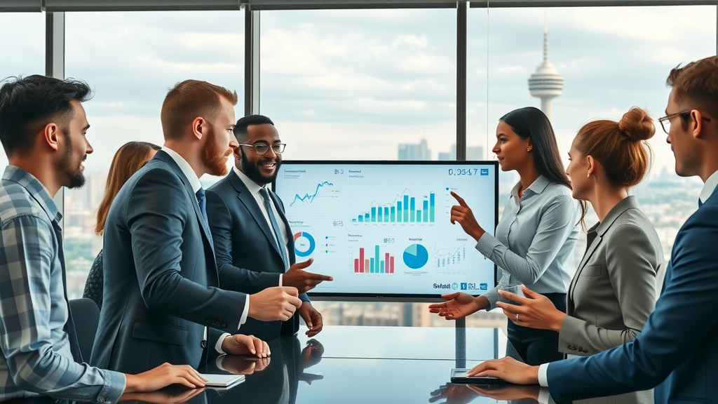 diverse business team collaborating over a digital dashboard for supply chain strategy in a modern boardroom