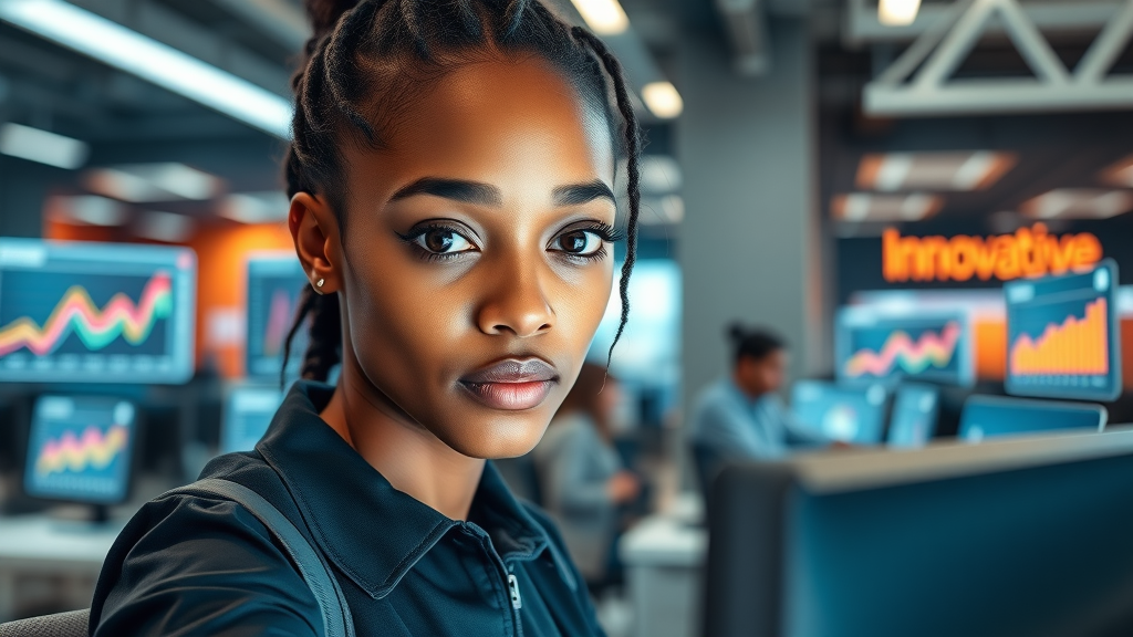 Woman using digital workplace tools represents workforce development in tech