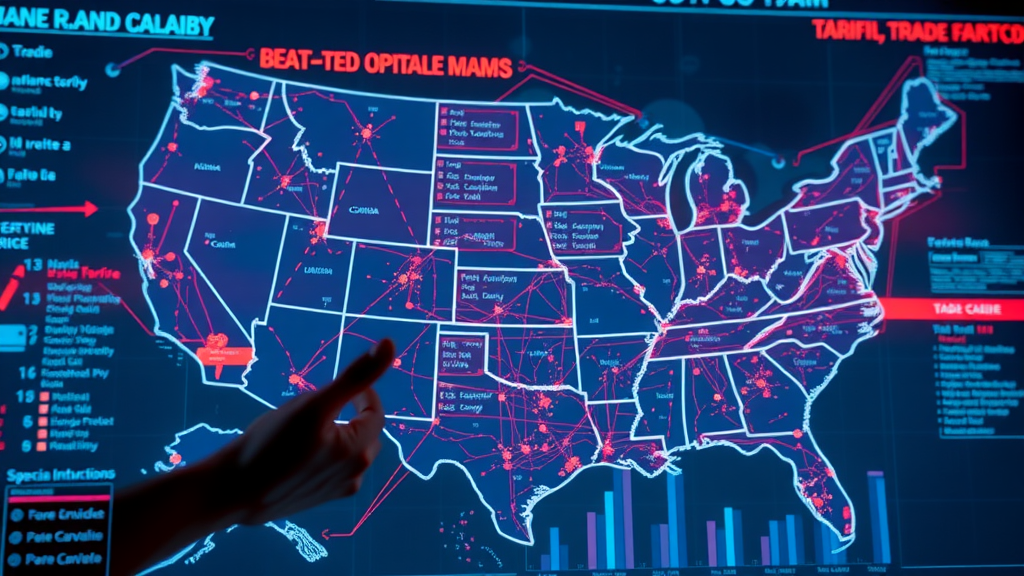 U.S. map data visualization showing tariff schedule categories and trade flows in the United States