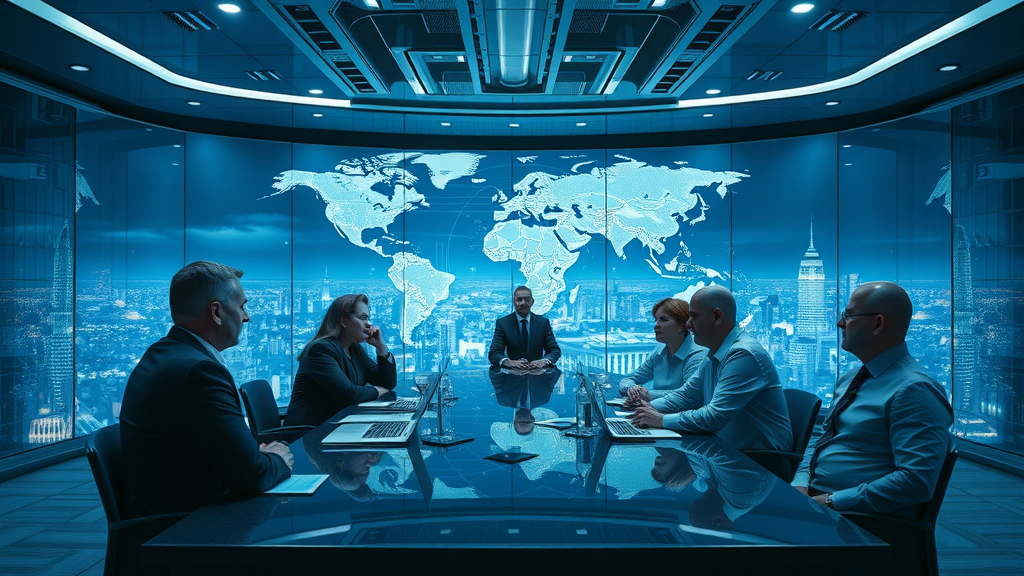 International finance leaders strategize policy responses to tariffs and inflation with digital world maps