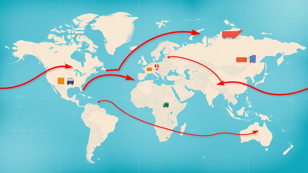 detailed world map highlighting United States, Canada, Mexico, European Union with color-coded tariff lines, global trade and supply chain movement, import export tariffs impact