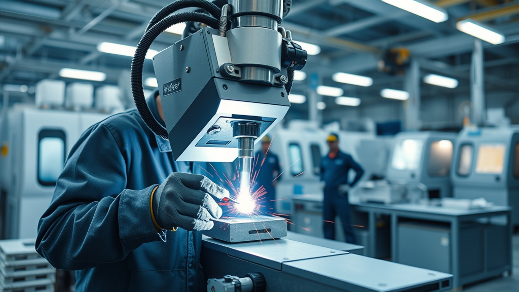modern high-tech laser welding process in an advanced industrial facility with CNC machines and stainless steel workstations, demonstrating laser welding advantages; workers observing with safety gear
