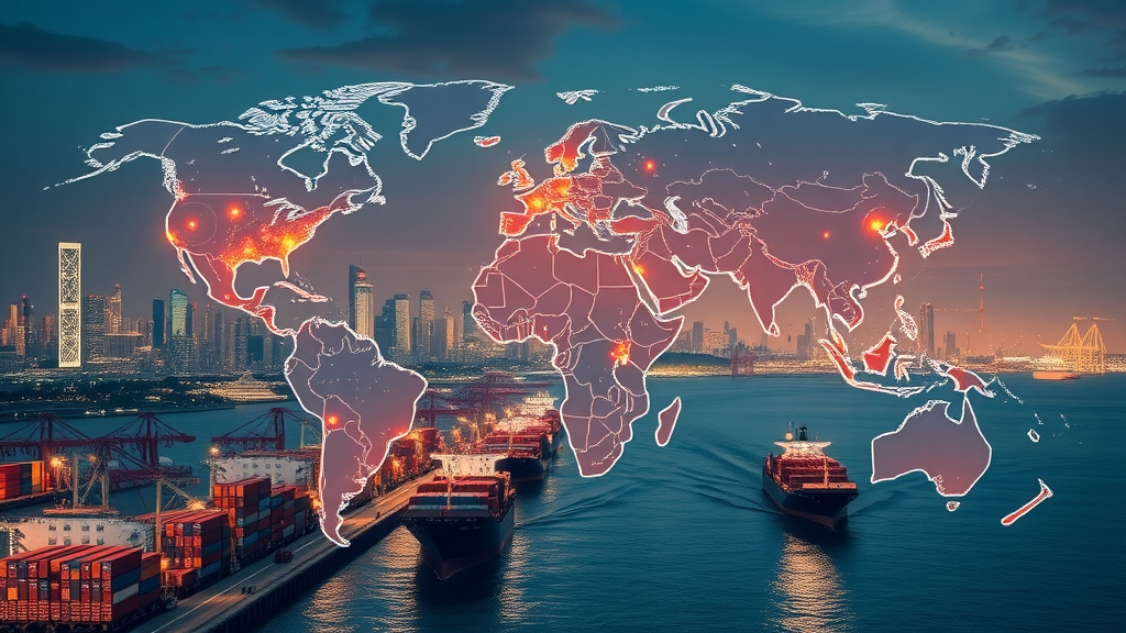 dynamic world trade map with global economic hubs, interconnected trade routes, and shipping ports, ships and cargo containers in motion, main keyword: trade policy updates