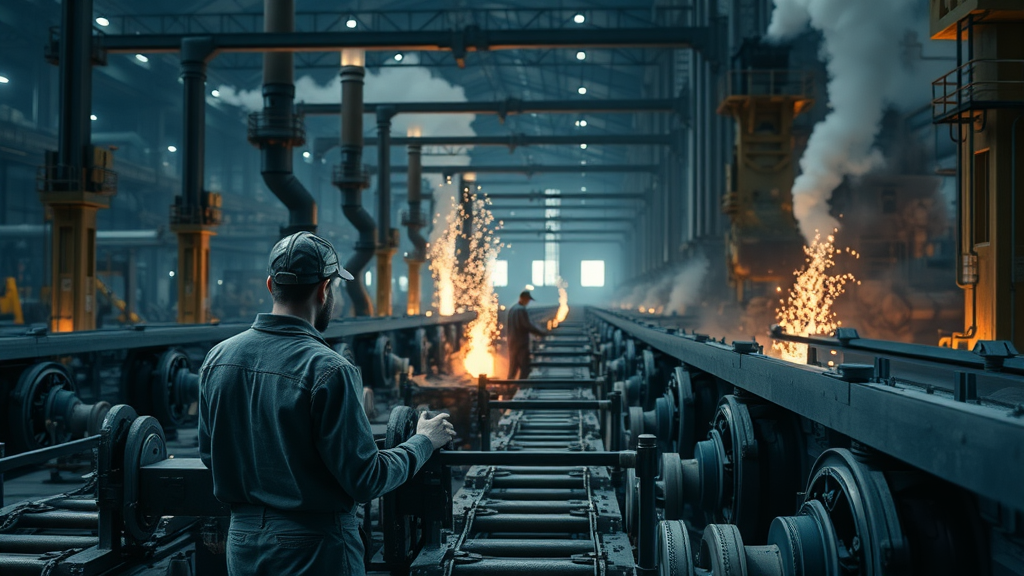 industrial steel mill with workers monitoring closing assembly lines, steel and aluminum trade war 2025 impact