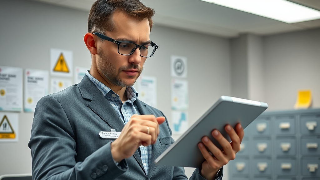 international trade compliance manager reviewing checklist on digital tablet office