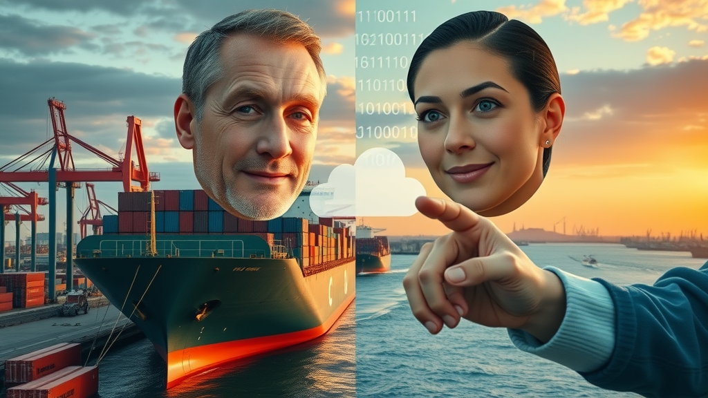 trade in goods and services split scene cargo ship digital service exchange port city