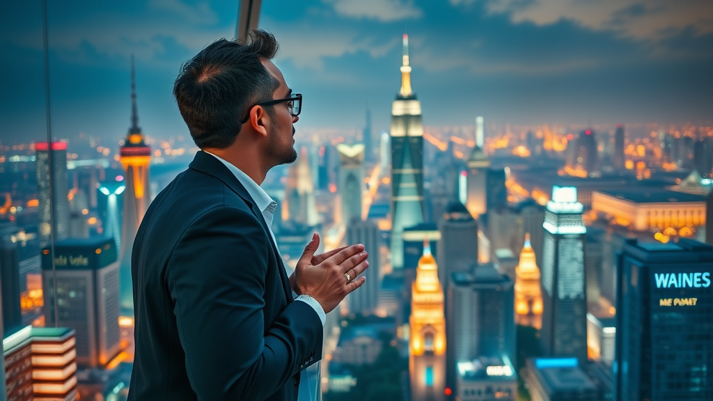 entrepreneur overlooking city, inspired to succeed in global trade