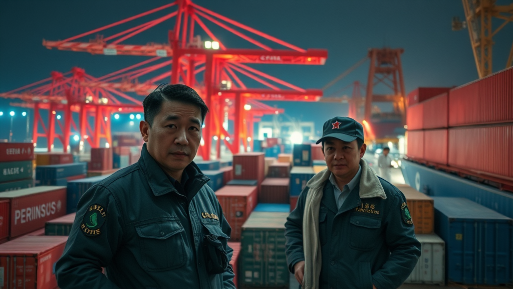 Chinese port at night with customs officers inspecting mineral shipments due to export restrictions