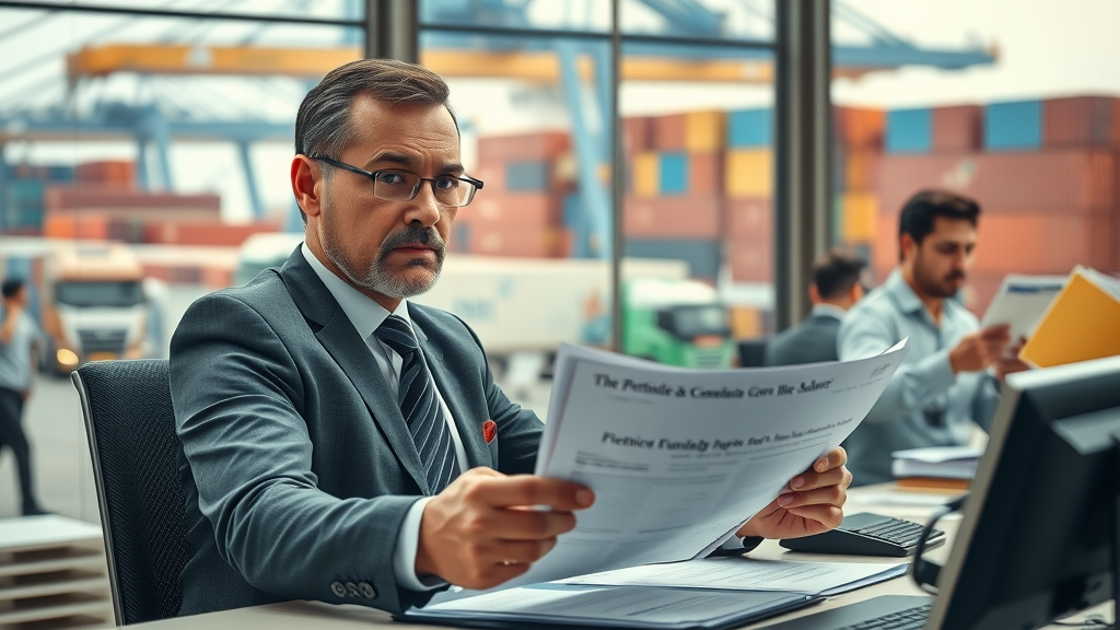 How to get a custom broker license - customs broker reviewing documents at busy port with cargo, photorealistic scene