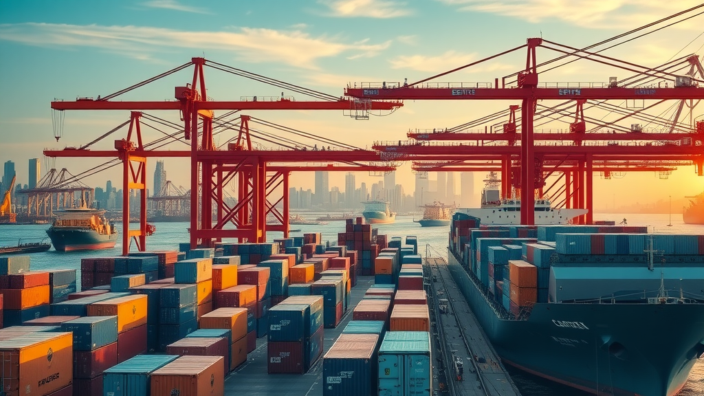 world trade bustling seaport shipping containers cranes cargo ships
